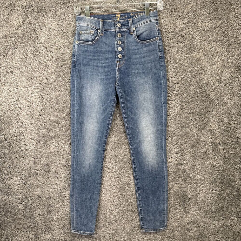 7 For All Mankind The High Waist Ankle Skinny Jeans 25 Light/med Wash Button Fly